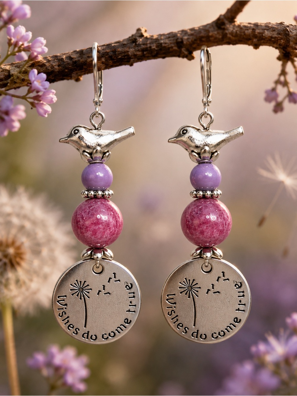 Bird Dangle Earrings, Wishes Charm, Dusty Pink & Lavender, Silver Leverbacks